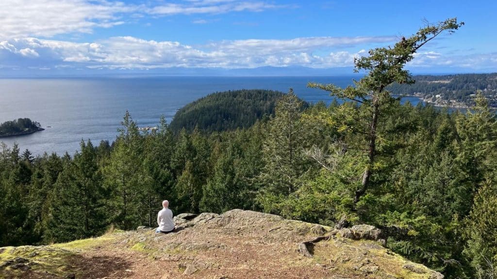 Erin Millar sitting peacefully on a rocky cliff overlooking a forested coastline and expansive ocean view, with her back to the camera.