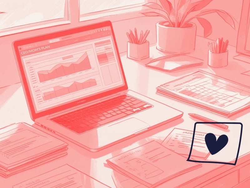 Illustration of a laptop displaying charts titled “CEO/Mom’s Plan” on a desk surrounded by documents, pens, and plants. Created for Erin Millar’s Her Startup Life.